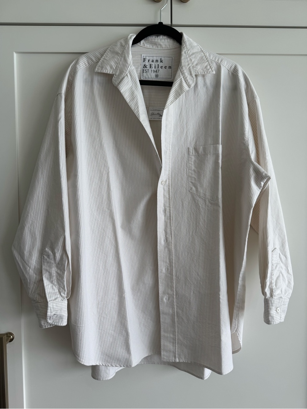 Frank & Eileen woman’s white and Cream Stripe Button-Up Shirt in Oxford cotton.